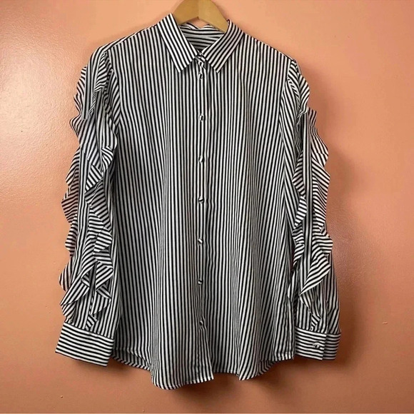 Banana Republic Dillon Shirt Blue Stripe Button-up Size XS Ruffle Long Sleeves - Picture 3 of 8